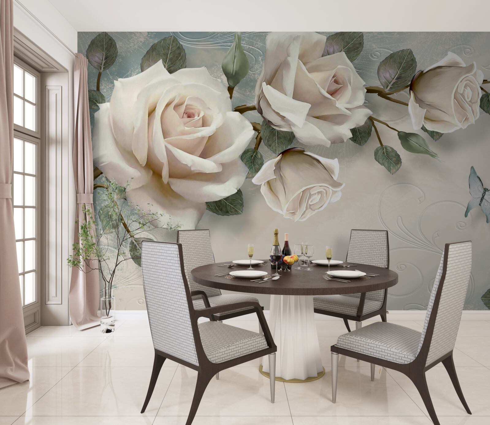 Fotobehang vlinders vliegen langs de takken van een crèmekleurige roos