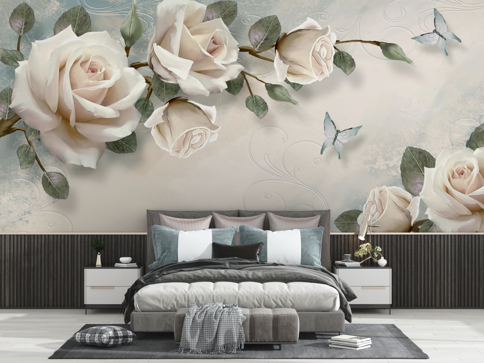 Fotobehang vlinders vliegen langs de takken van een crèmekleurige roos