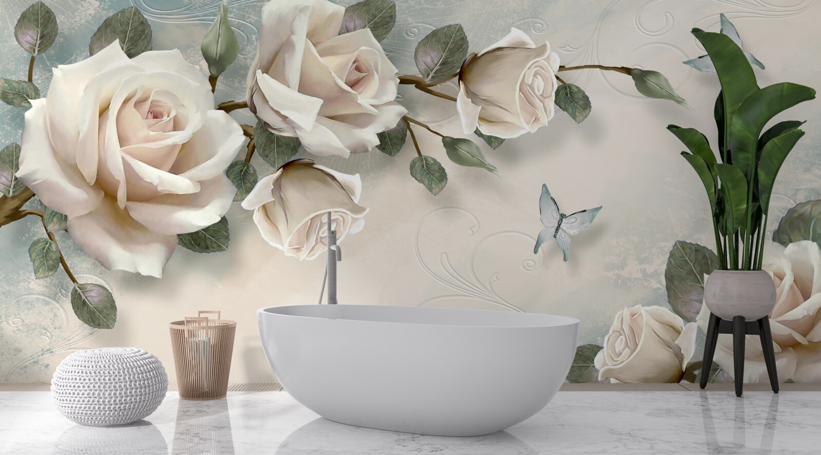 Fotobehang vlinders vliegen langs de takken van een crèmekleurige roos