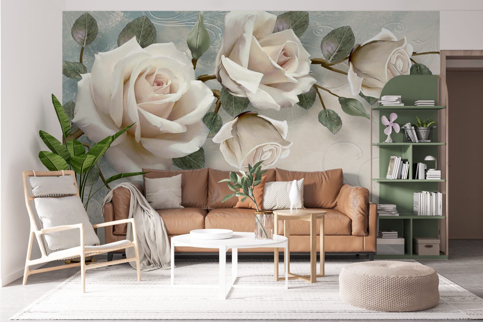 Fotobehang vlinders vliegen langs de takken van een crèmekleurige roos