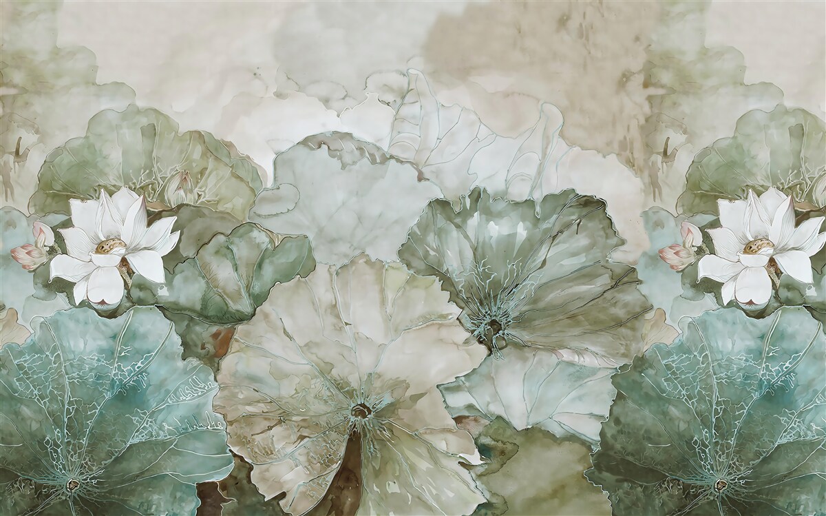 Fotobehang witte knoppen en bladeren van de tropen