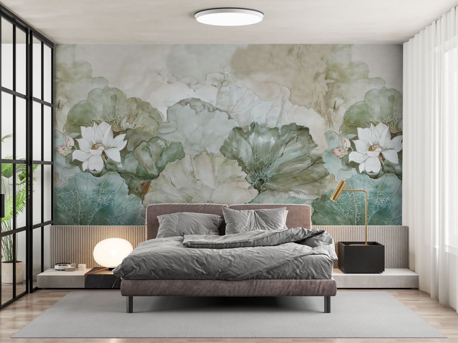 Fotobehang witte knoppen en bladeren van de tropen