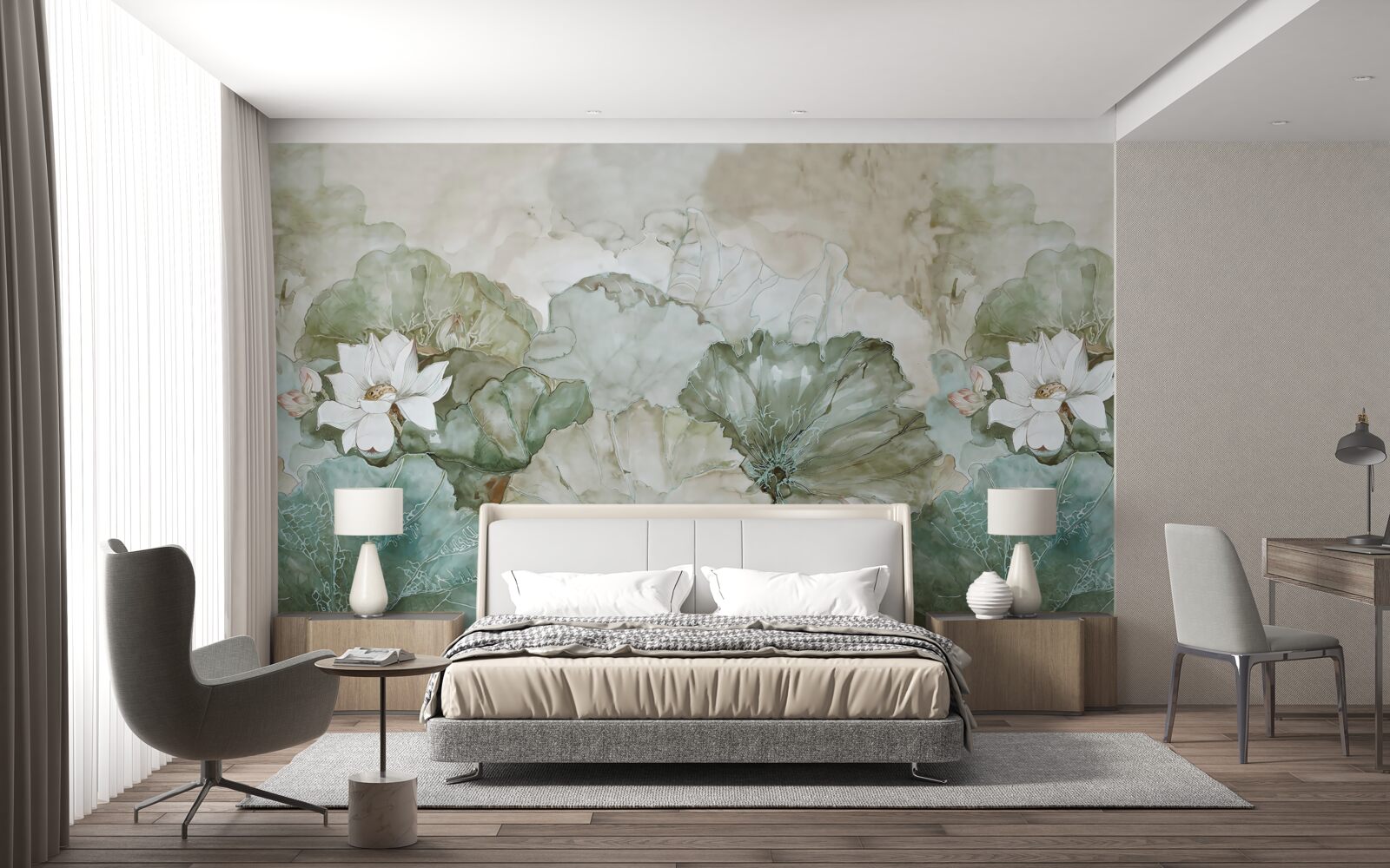 Fotobehang witte knoppen en bladeren van de tropen