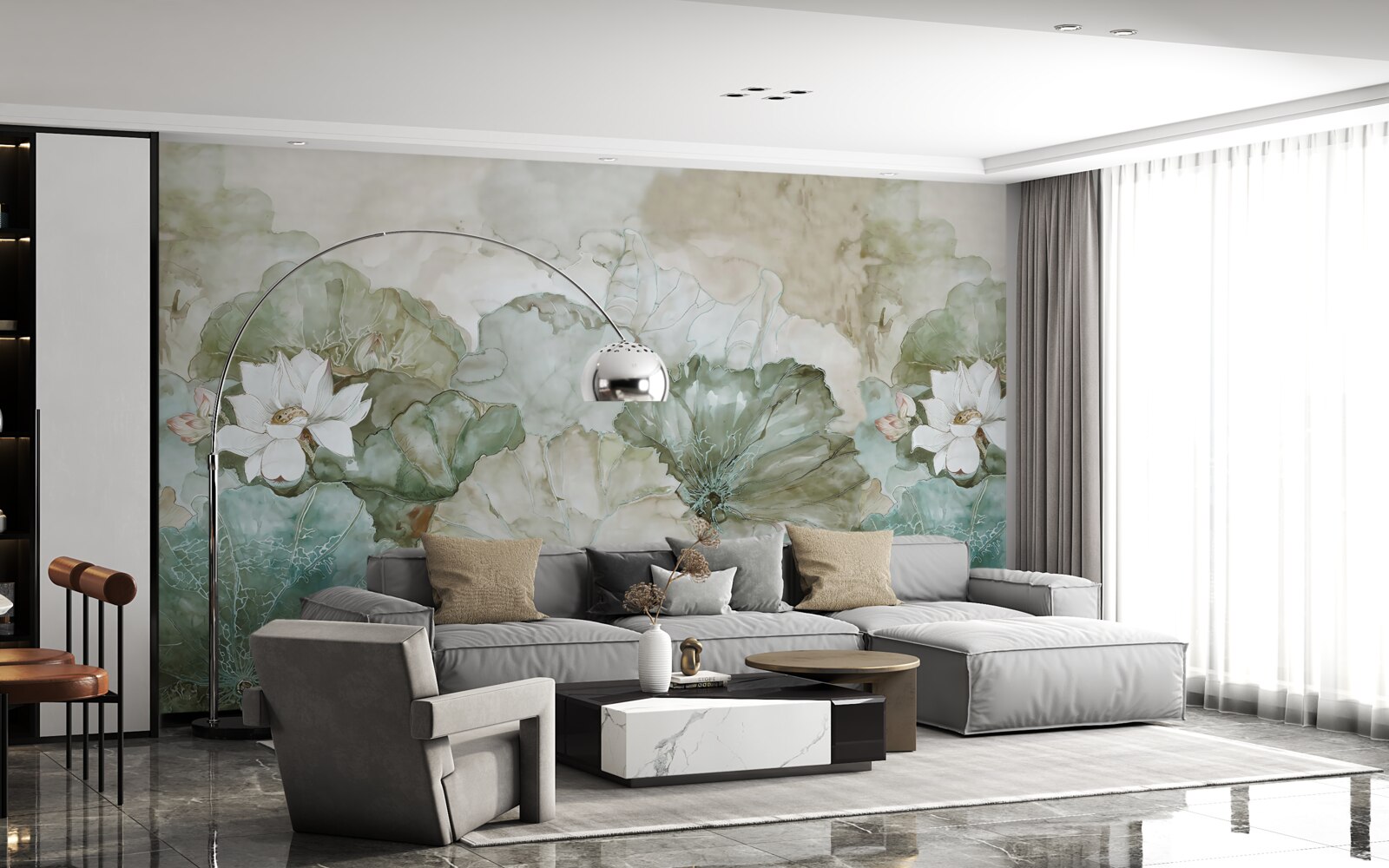 Fotobehang witte knoppen en bladeren van de tropen