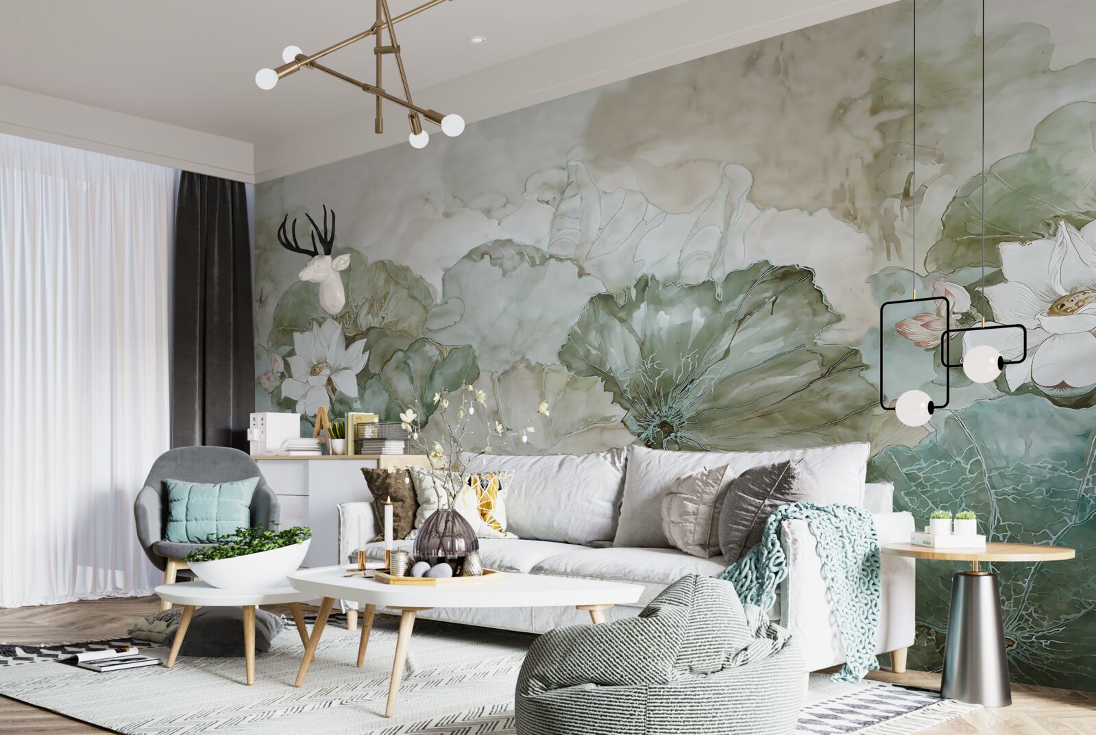 Fotobehang witte knoppen en bladeren van de tropen