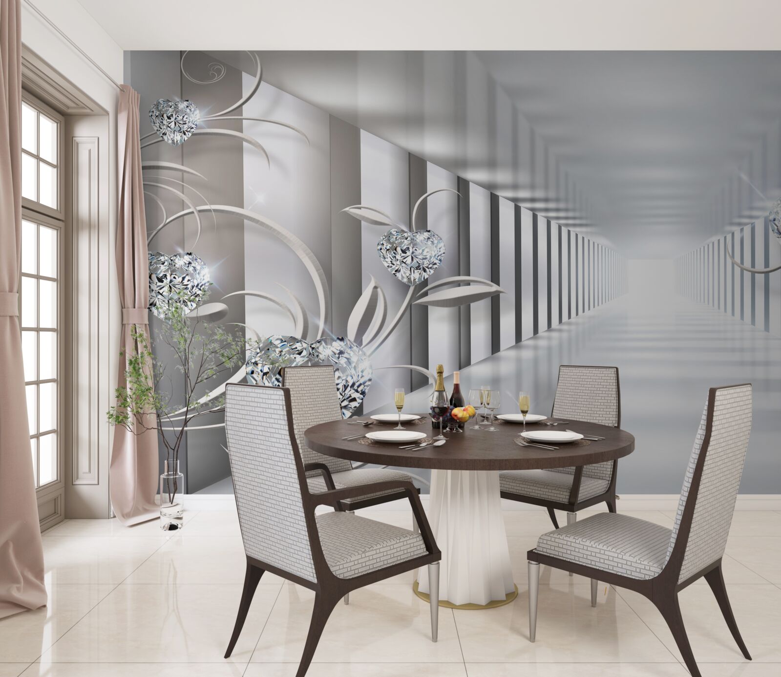 Fotobehang een eindeloze gang, verlicht door felle lampen en bloemdecoraties