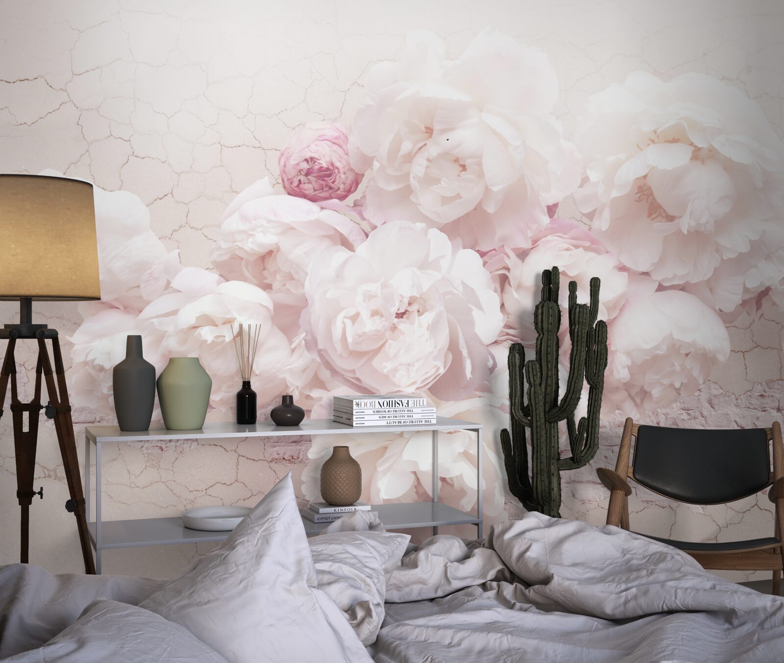 Fotobehang weelderige boetieks met bloemen op een rotsachtige achtergrond