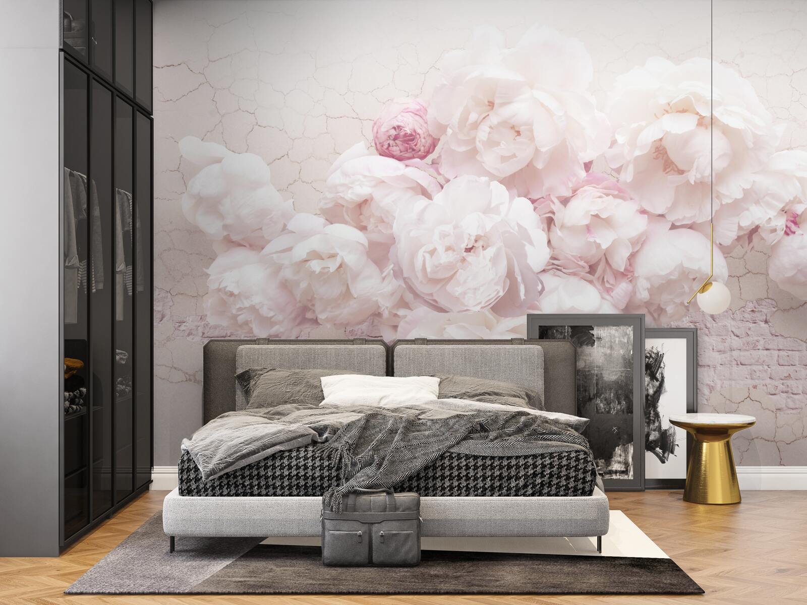 Fotobehang weelderige boetieks met bloemen op een rotsachtige achtergrond