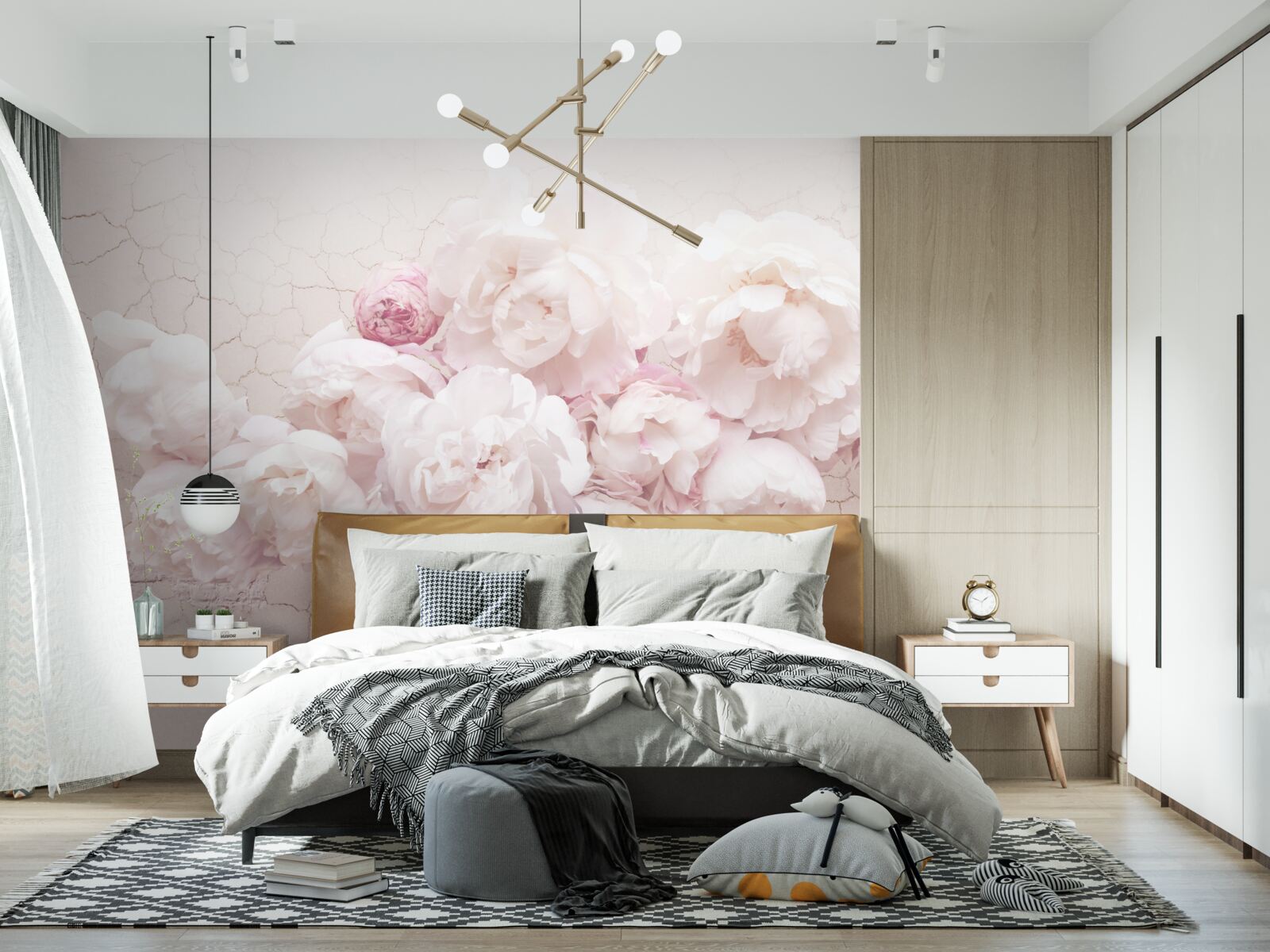 Fotobehang weelderige boetieks met bloemen op een rotsachtige achtergrond