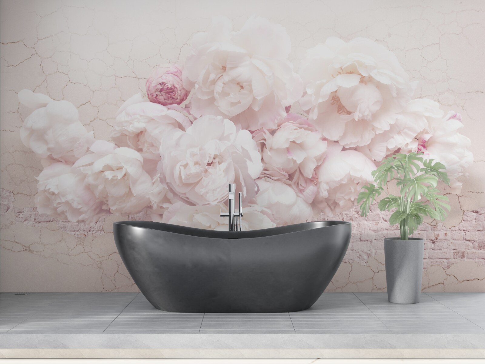 Fotobehang weelderige boetieks met bloemen op een rotsachtige achtergrond