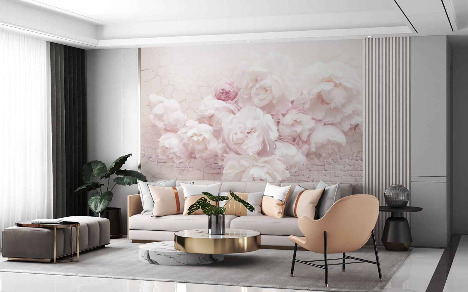 Fotobehang weelderige boetieks met bloemen op een rotsachtige achtergrond