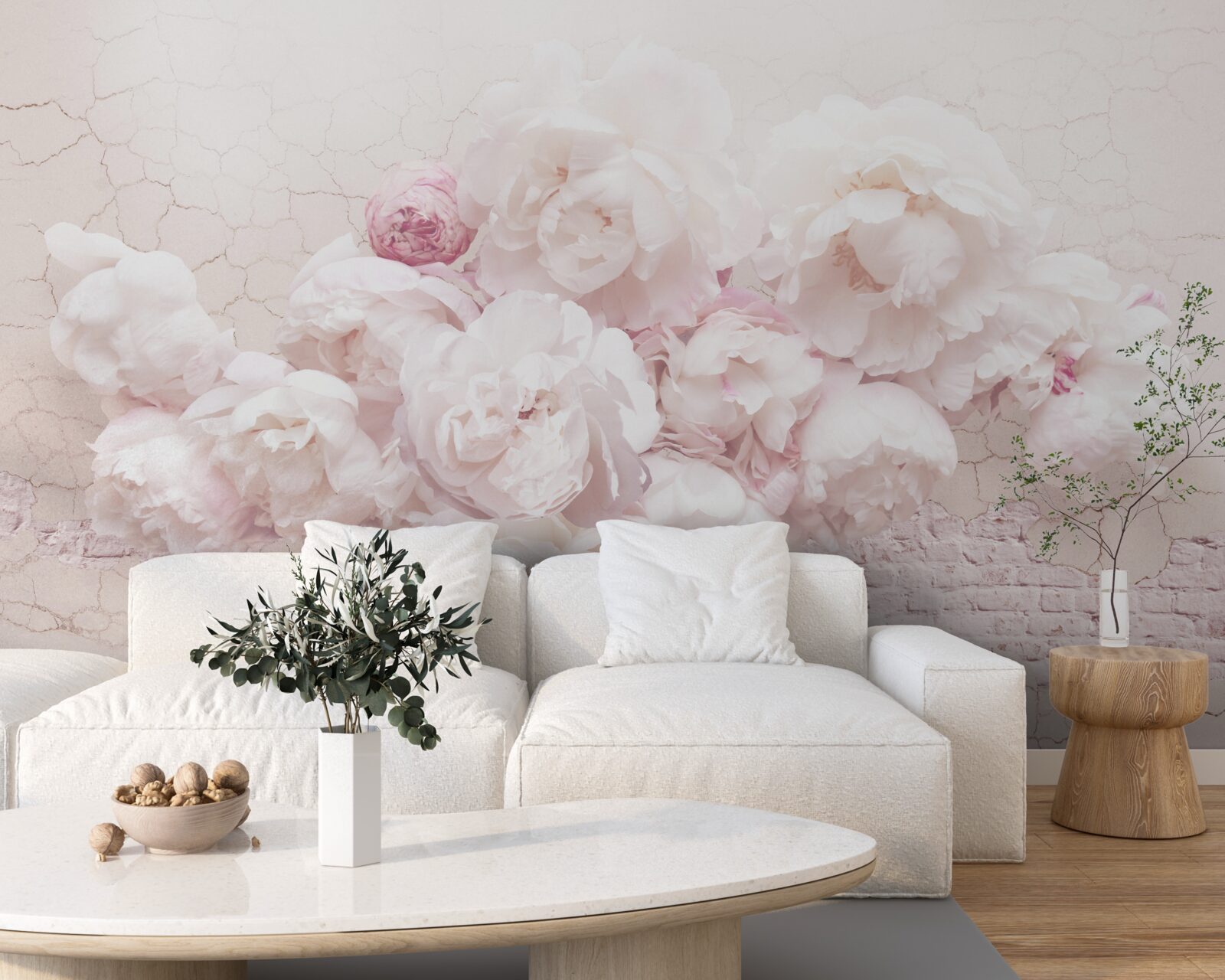 Fotobehang weelderige boetieks met bloemen op een rotsachtige achtergrond