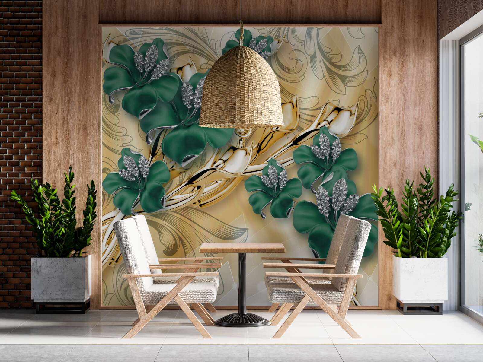 Fotobehang smaragd bloemen schitteren in een gouden setting