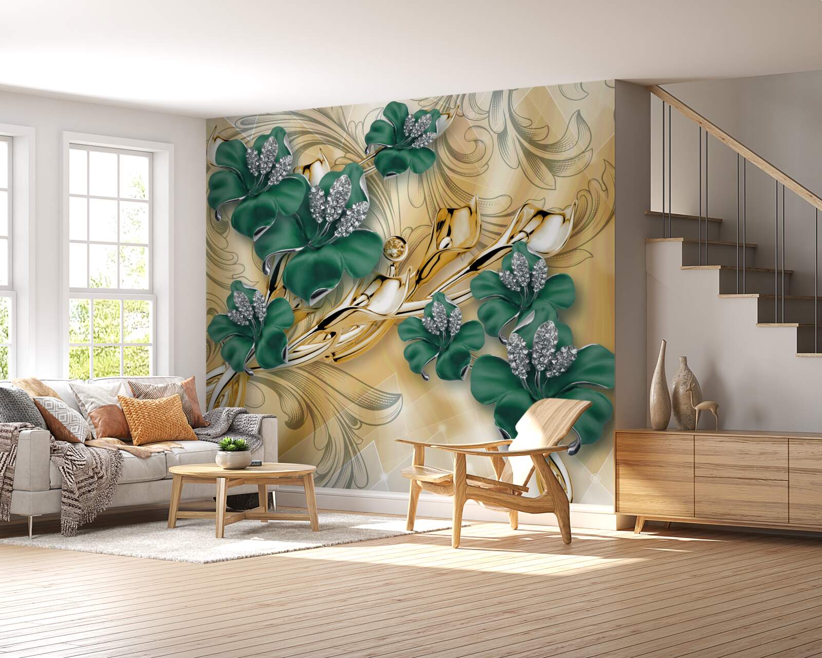 Fotobehang smaragd bloemen schitteren in een gouden setting