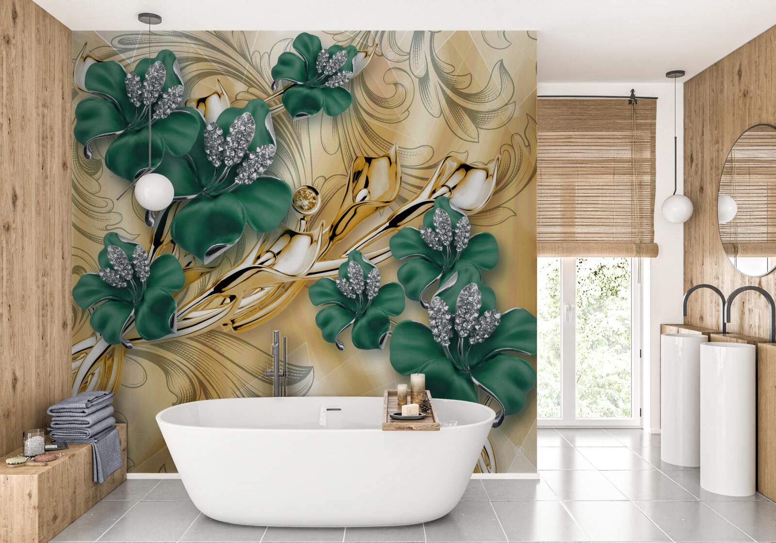 Fotobehang smaragd bloemen schitteren in een gouden setting