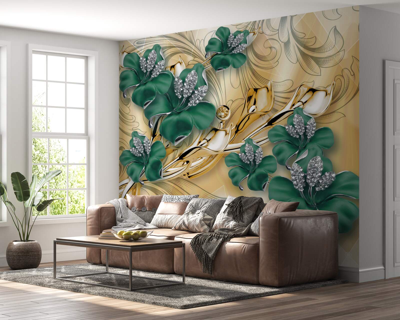 Fotobehang smaragd bloemen schitteren in een gouden setting