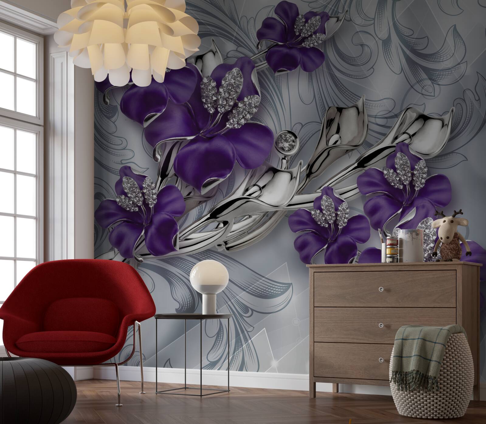 Fotobehang magnolia is paars tussen stenen en goud