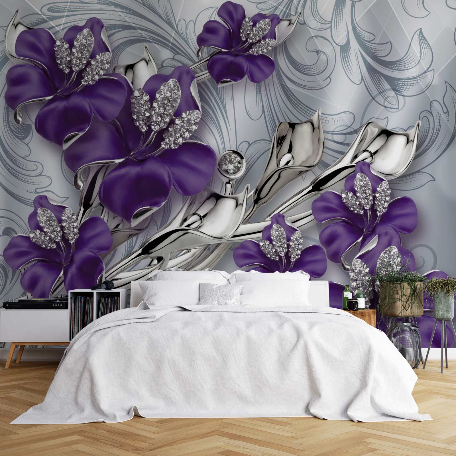 Fotobehang magnolia is paars tussen stenen en goud