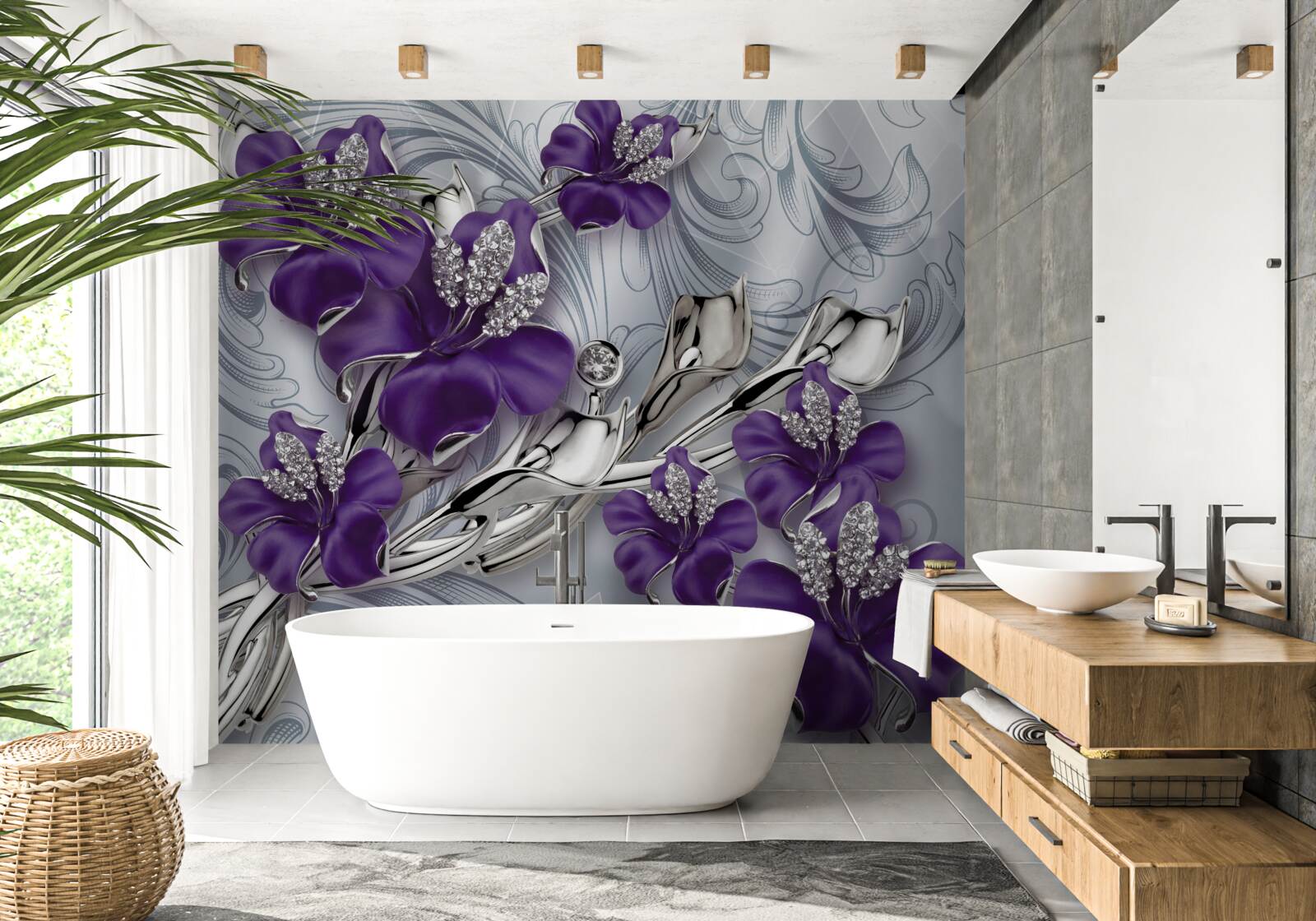 Fotobehang magnolia is paars tussen stenen en goud