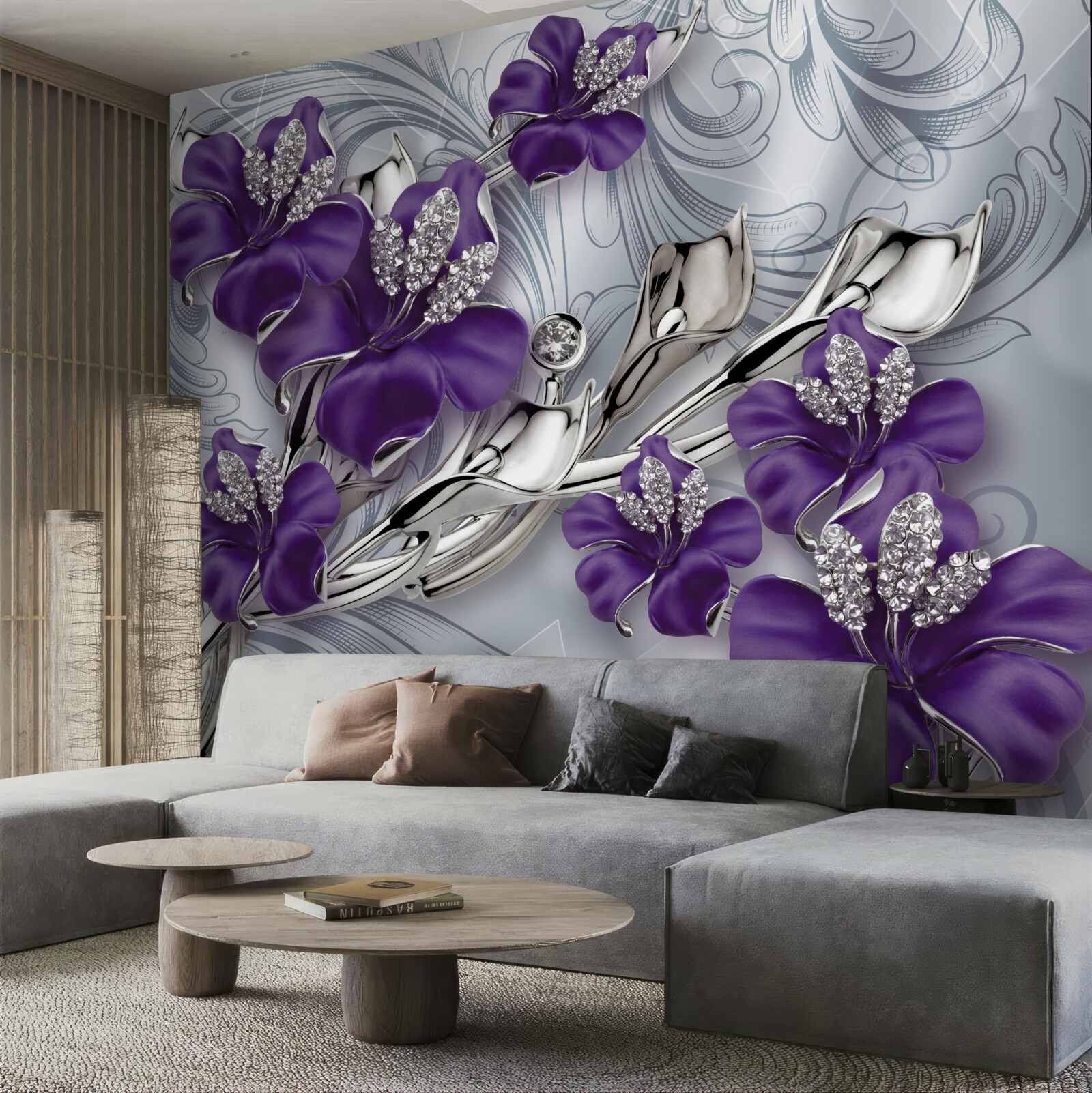 Fotobehang magnolia is paars tussen stenen en goud