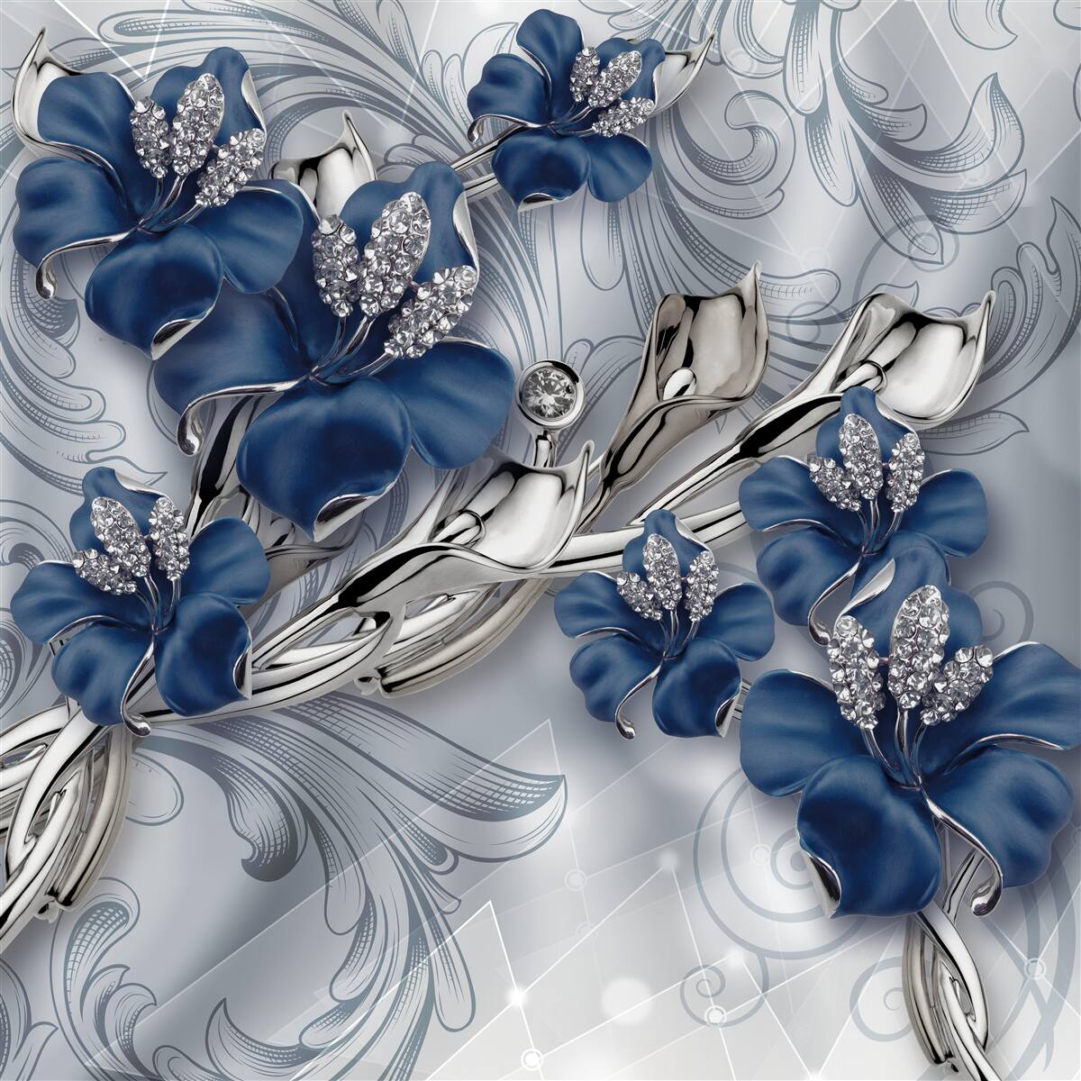 Fotobehang blauwe bloemen met gouden takken en stenen elementen