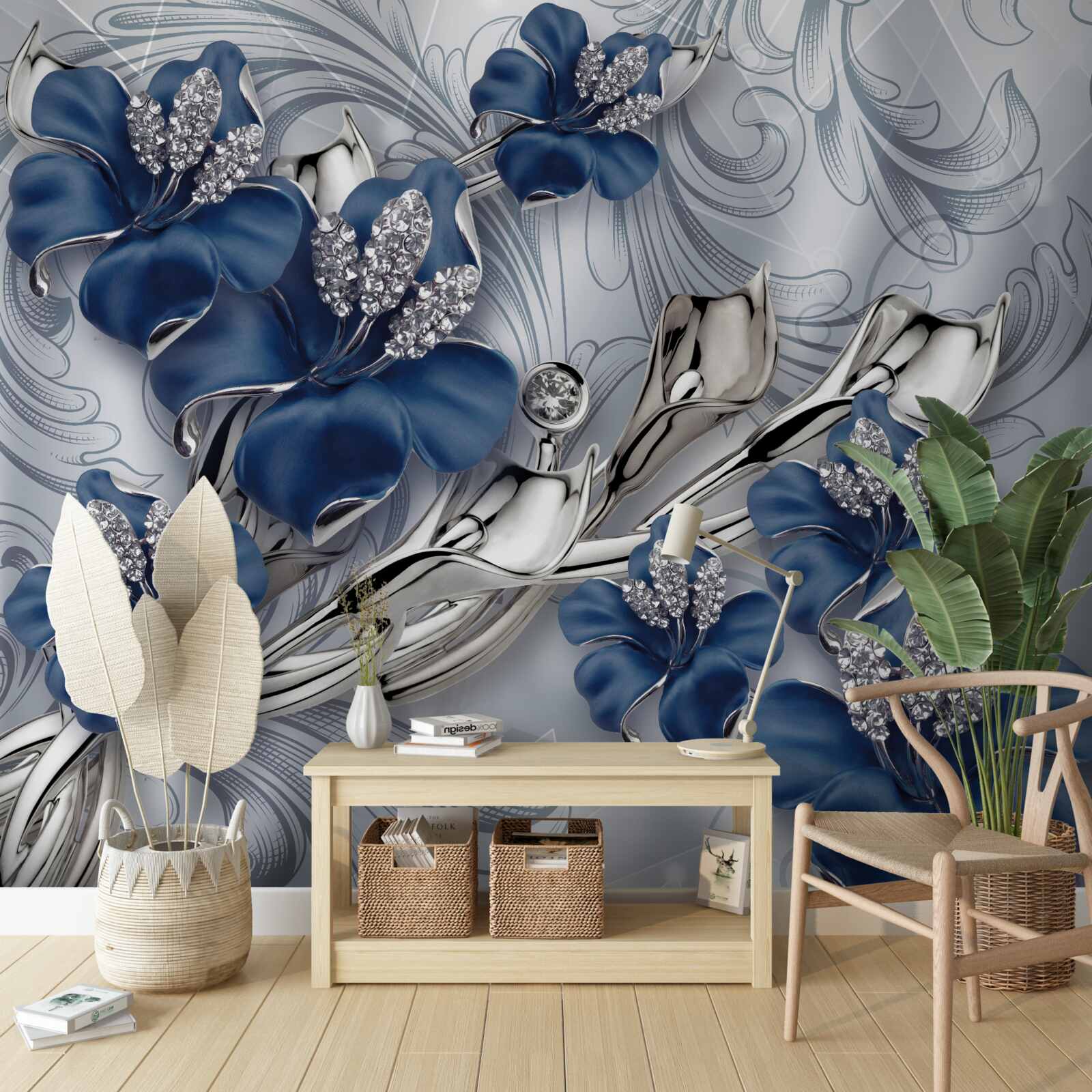 Fotobehang blauwe bloemen met gouden takken en stenen elementen