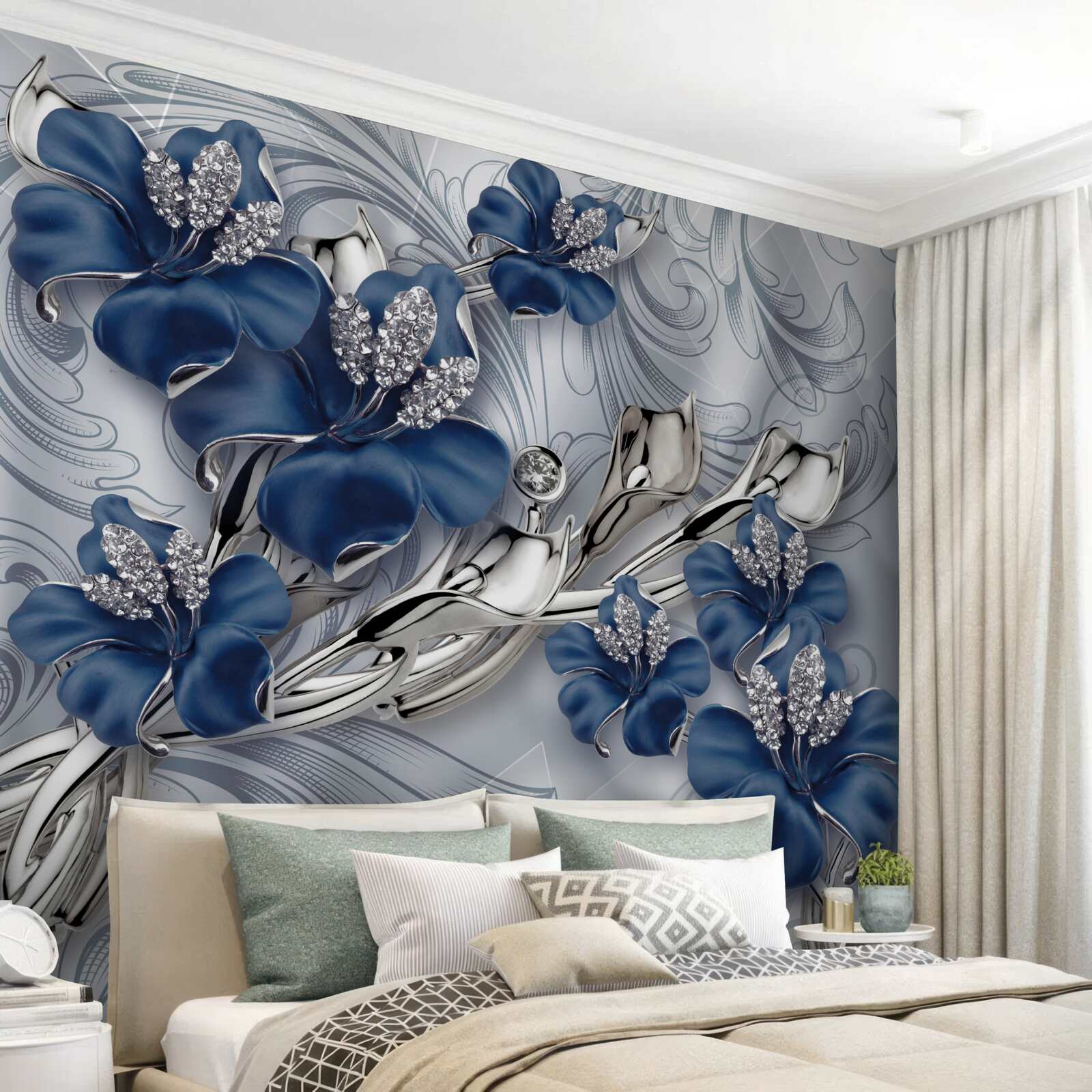 Fotobehang blauwe bloemen met gouden takken en stenen elementen