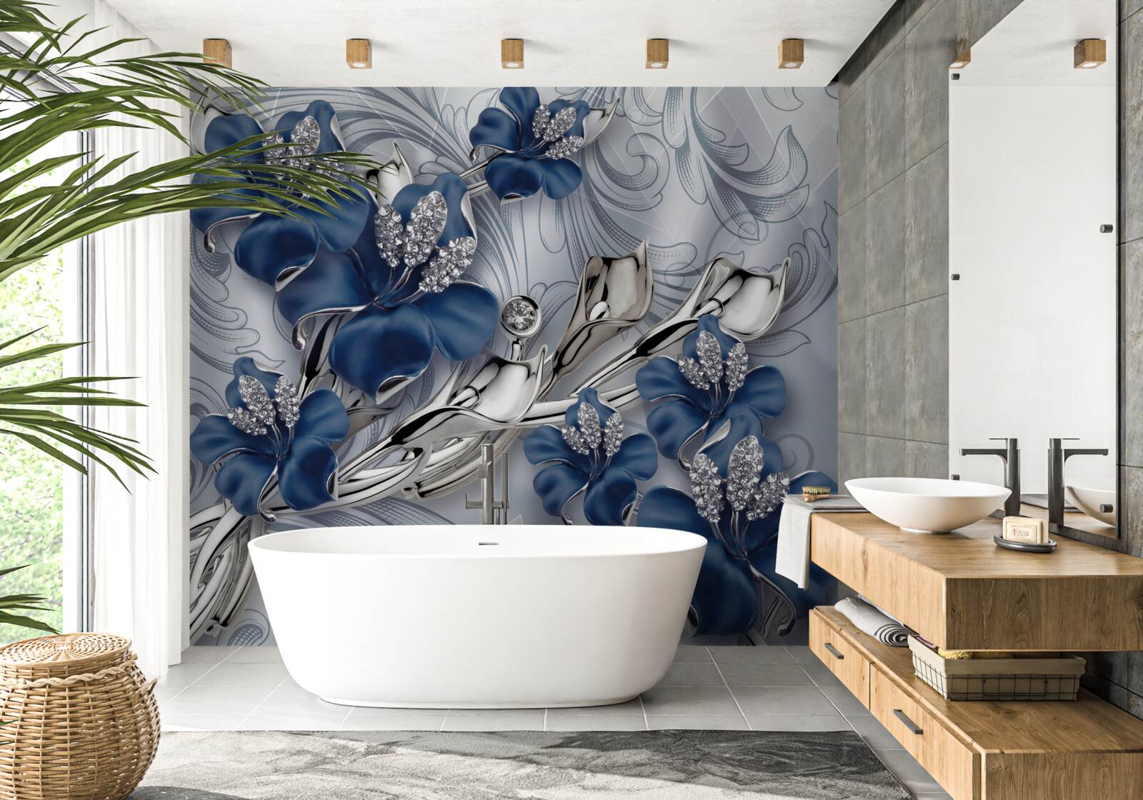 Fotobehang blauwe bloemen met gouden takken en stenen elementen