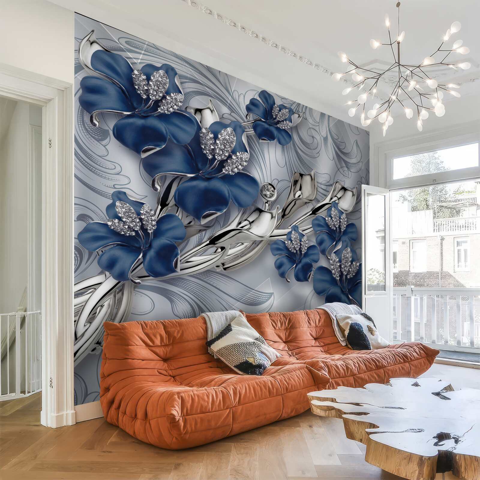 Fotobehang blauwe bloemen met gouden takken en stenen elementen