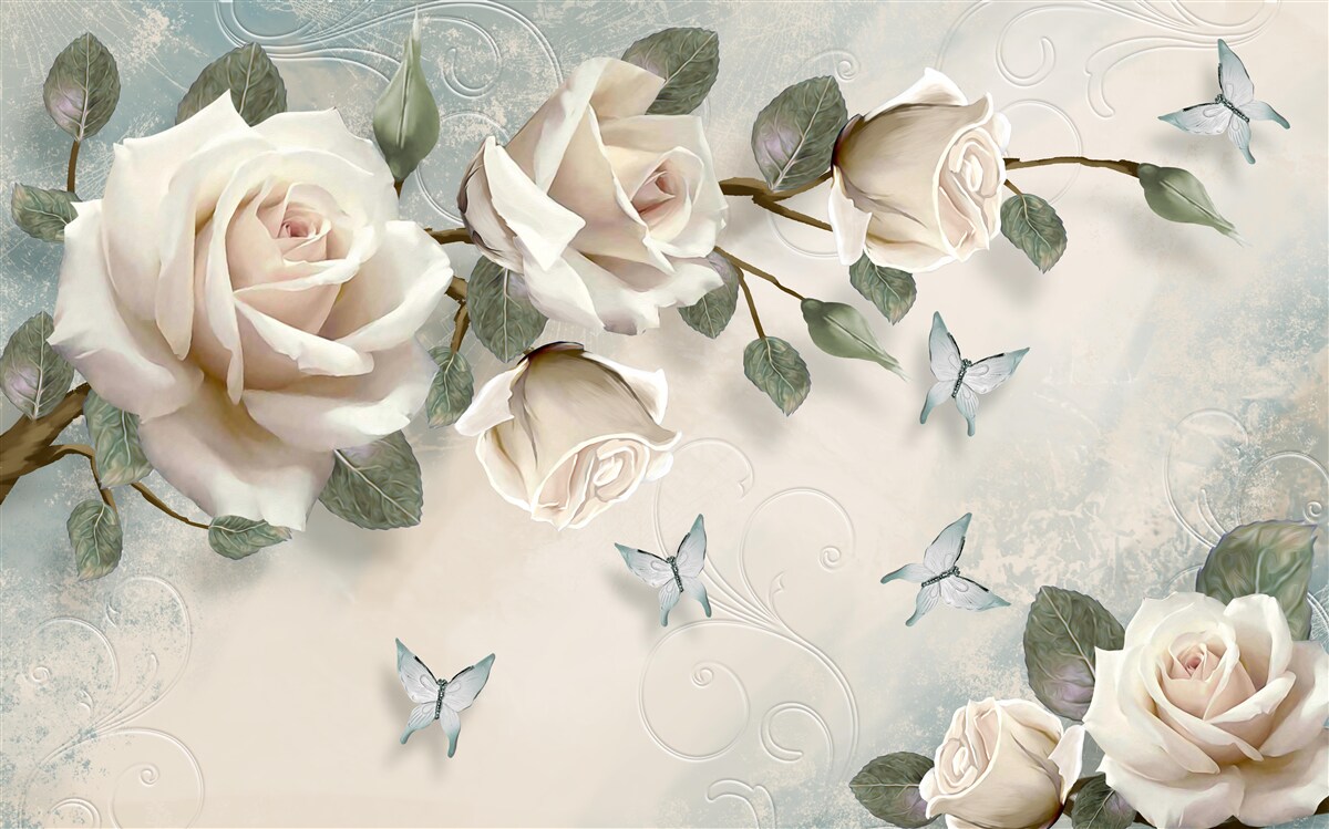 Fotobehang romige rozen bloeien onder de zwevende vlinders