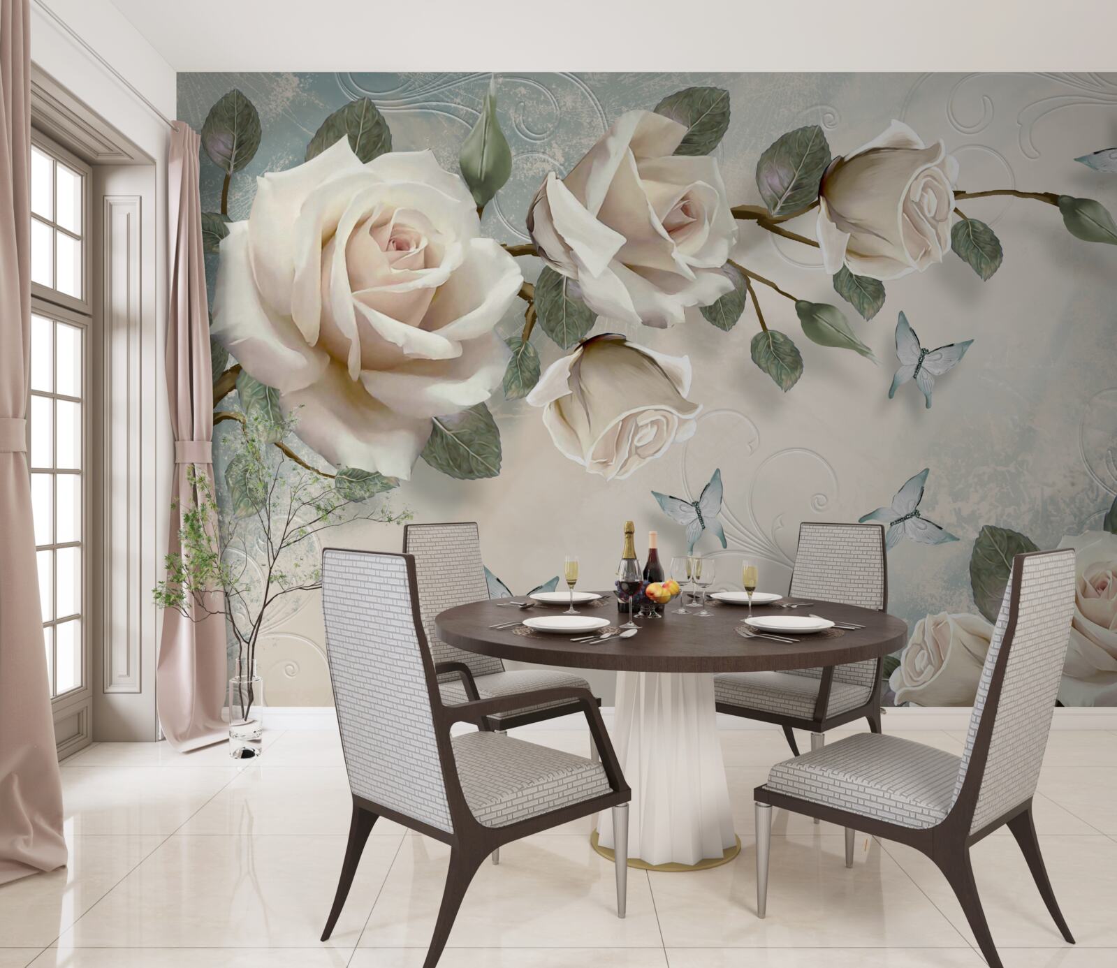 Fotobehang romige rozen bloeien onder de zwevende vlinders