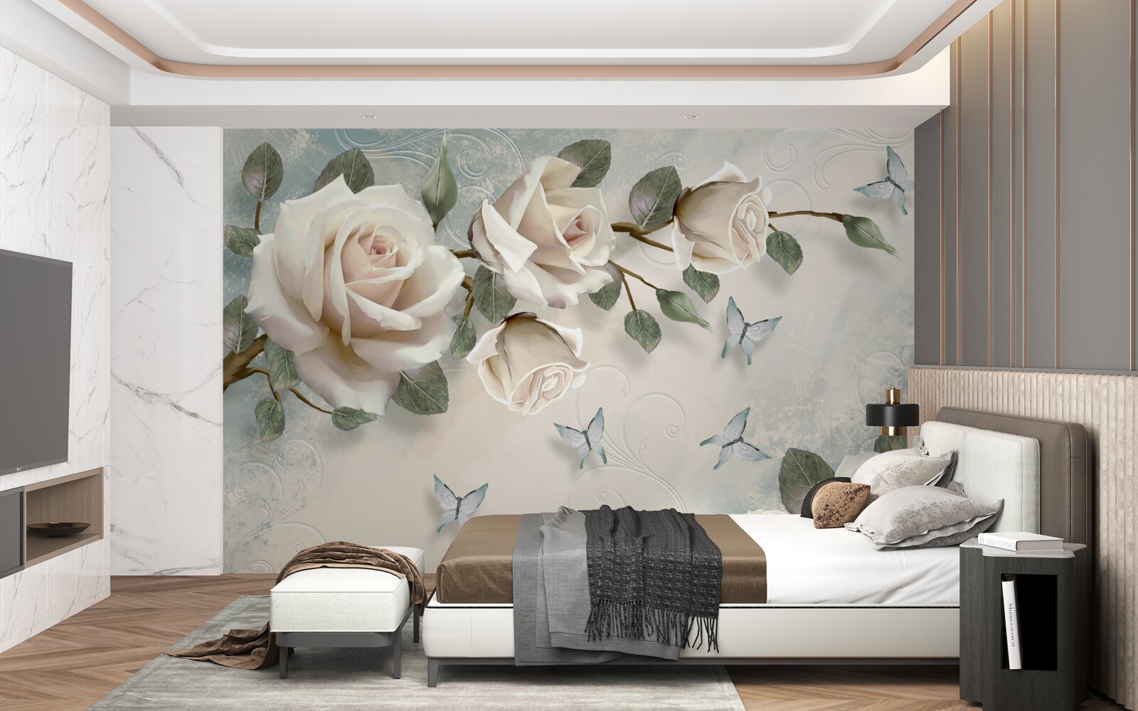 Fotobehang romige rozen bloeien onder de zwevende vlinders