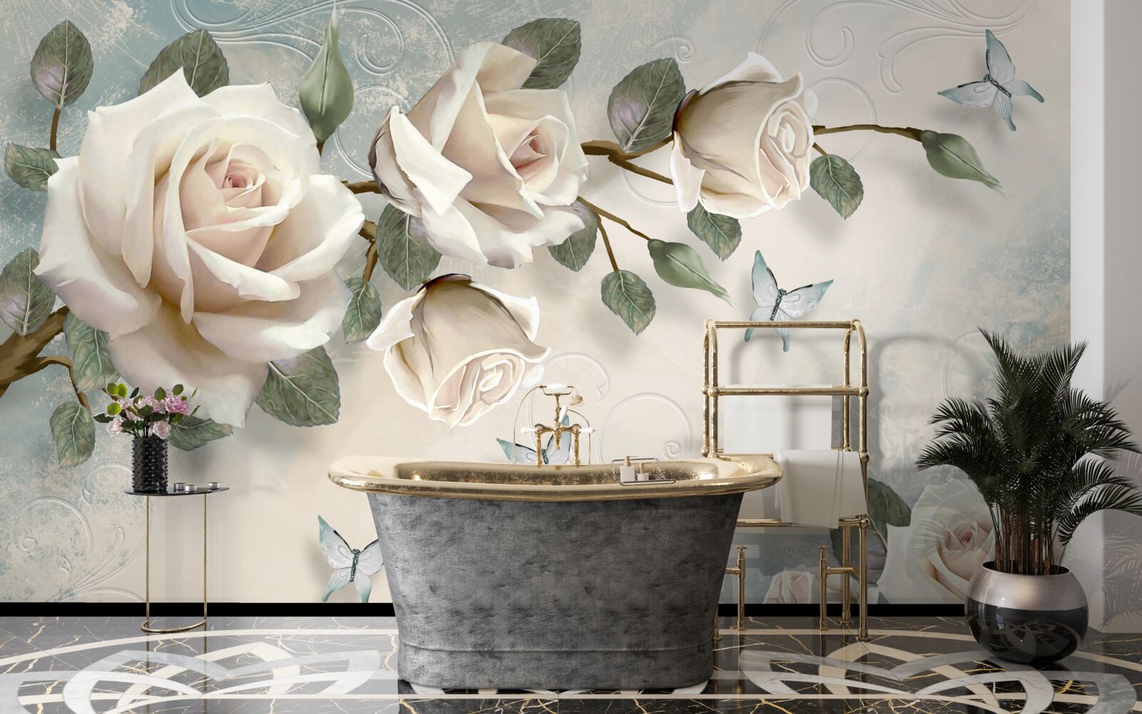 Fotobehang romige rozen bloeien onder de zwevende vlinders