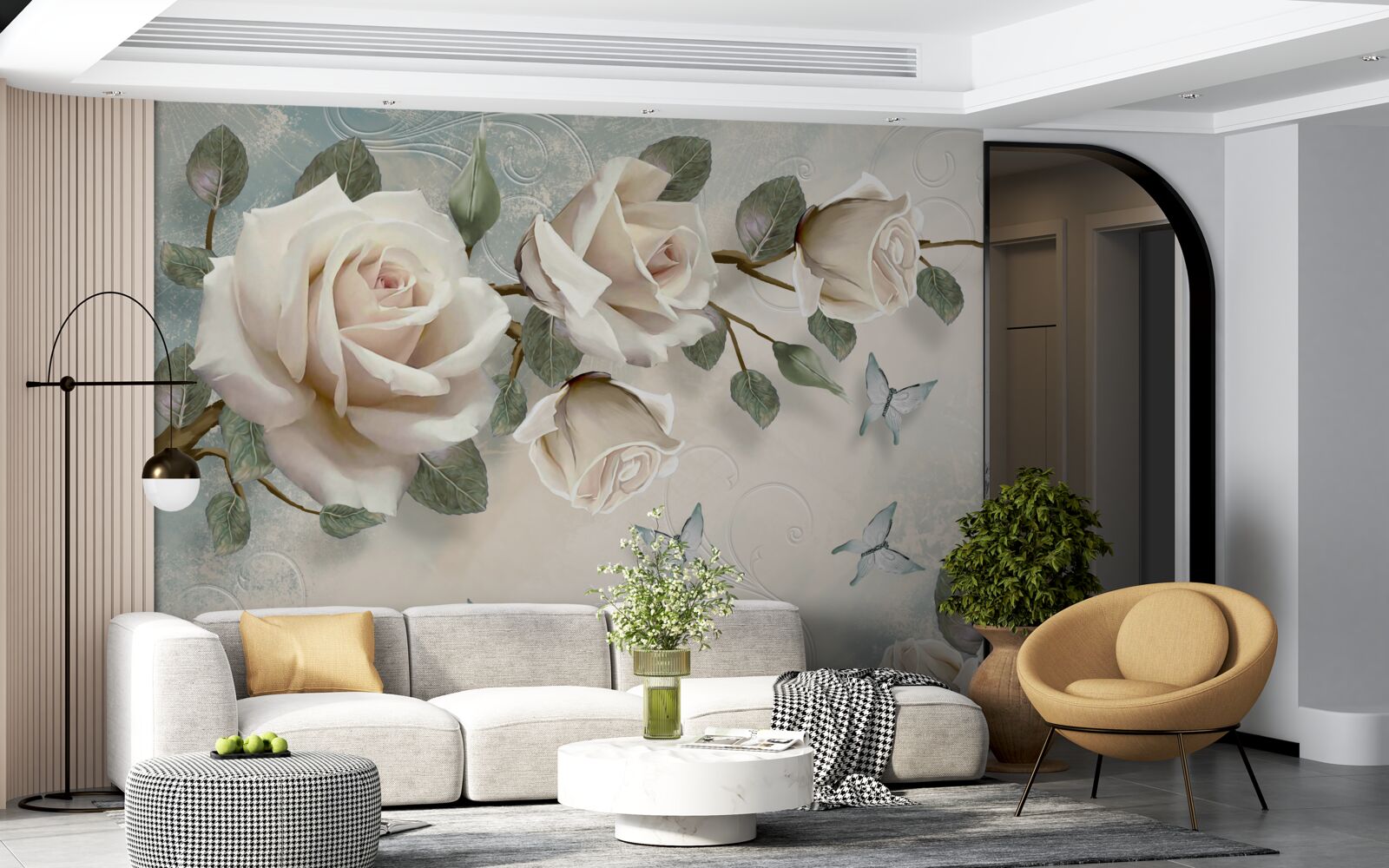 Fotobehang romige rozen bloeien onder de zwevende vlinders