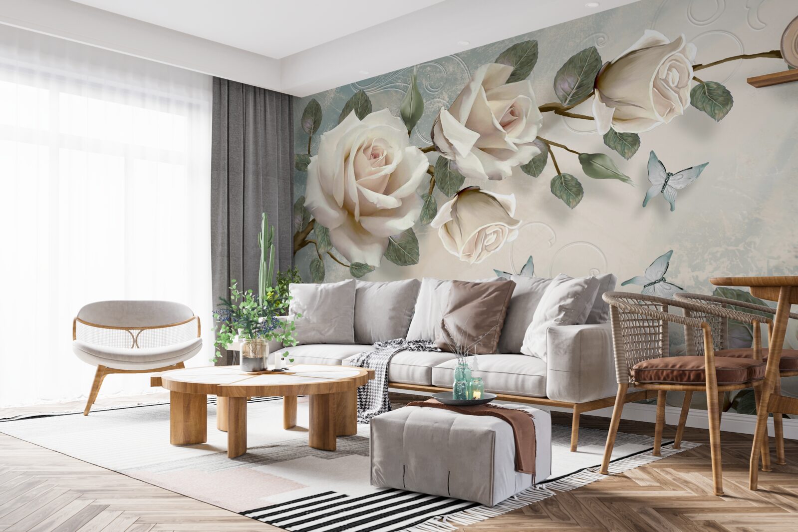 Fotobehang romige rozen bloeien onder de zwevende vlinders