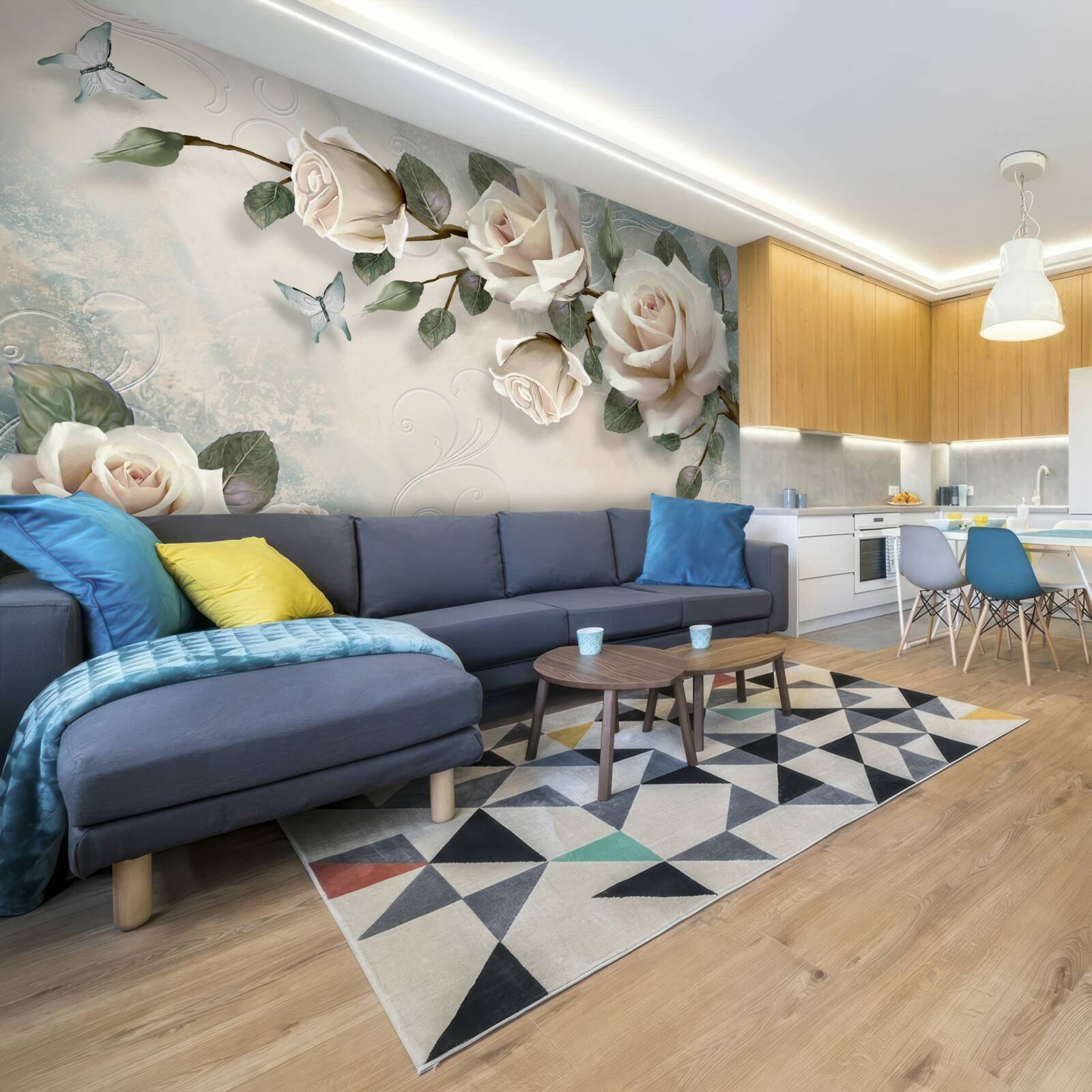 Fotobehang vlinders en rozen ontluiken