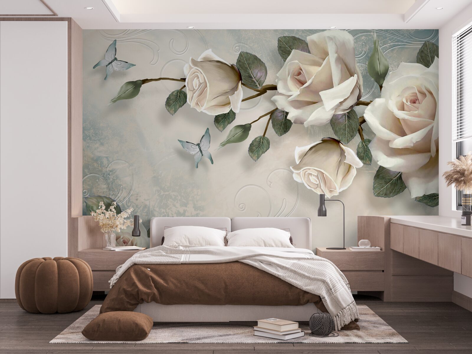 Fotobehang vlinders en rozen ontluiken