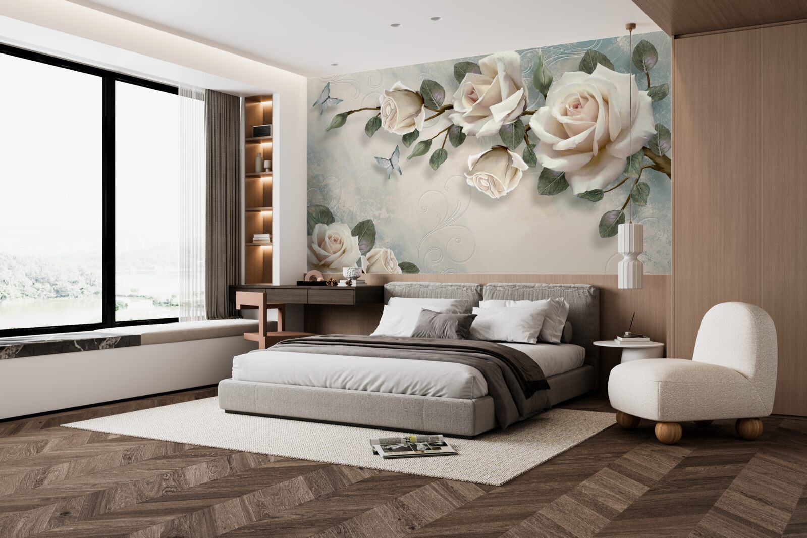 Fotobehang vlinders en rozen ontluiken