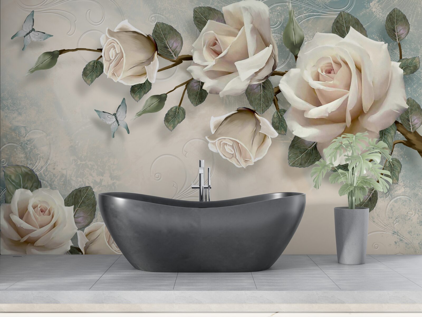 Fotobehang vlinders en rozen ontluiken