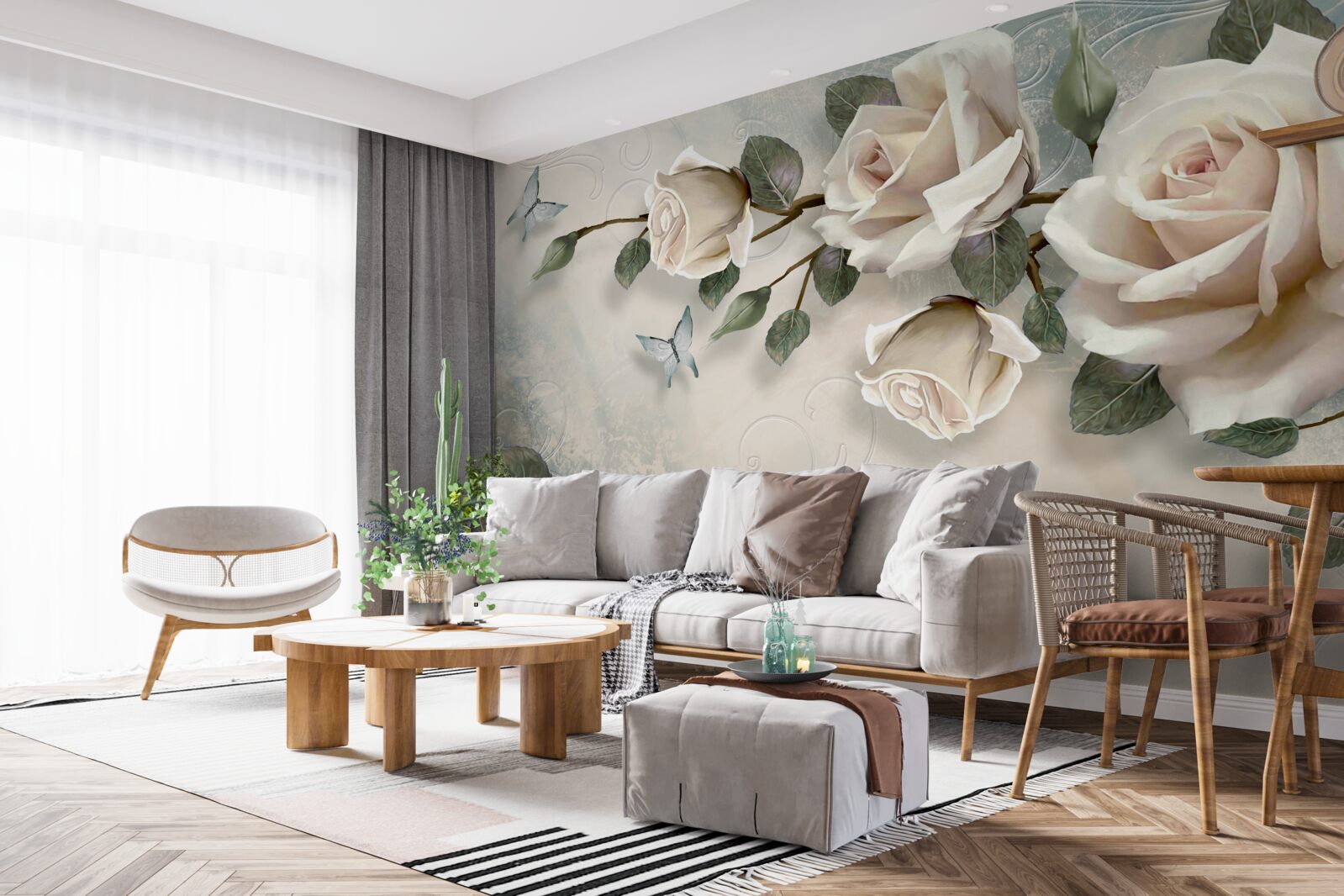 Fotobehang vlinders en rozen ontluiken