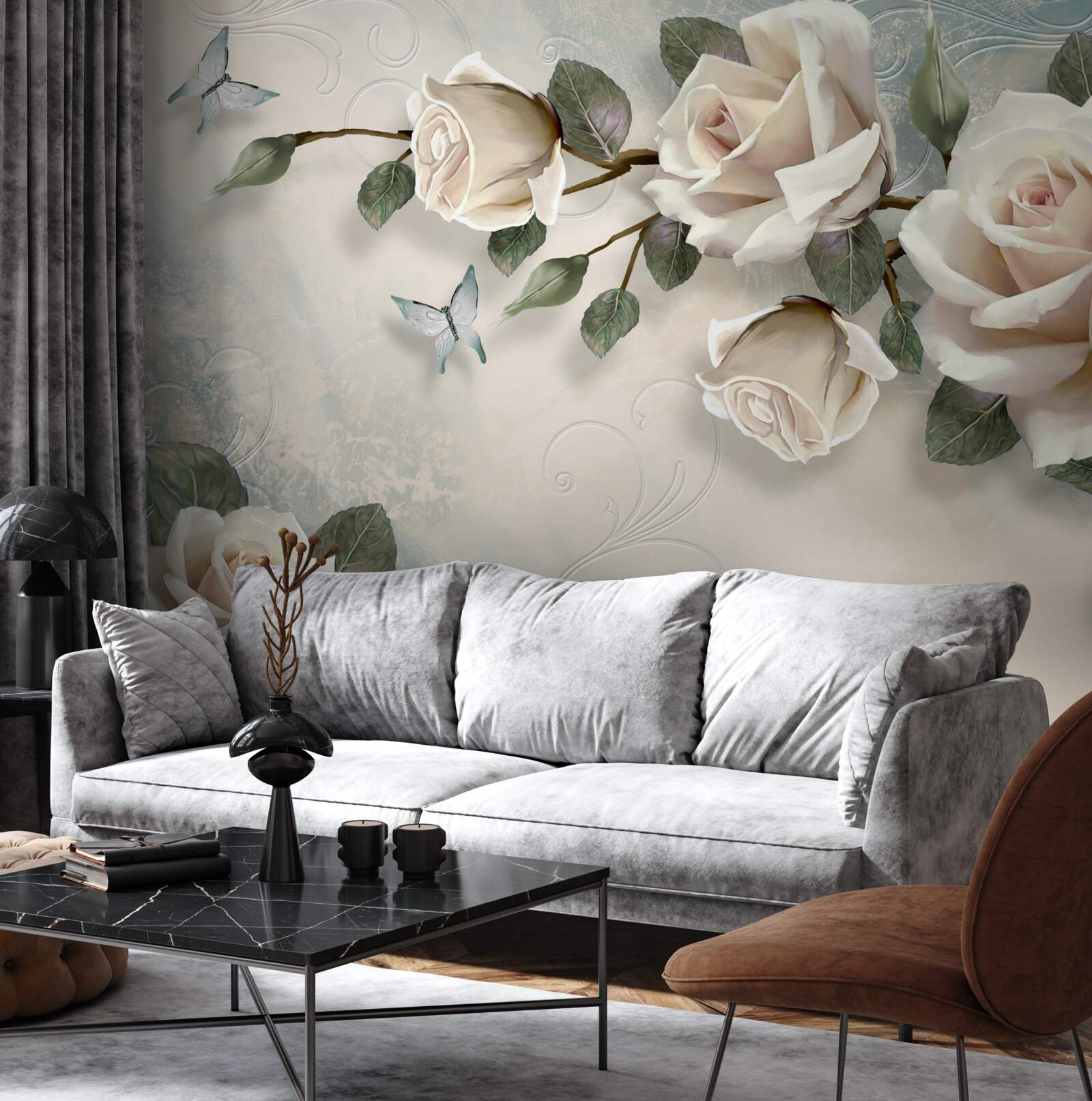 Fotobehang vlinders en rozen ontluiken