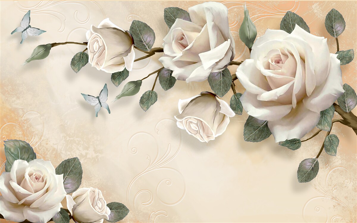 Fotobehang vlinders en een witte rozentak van een struik