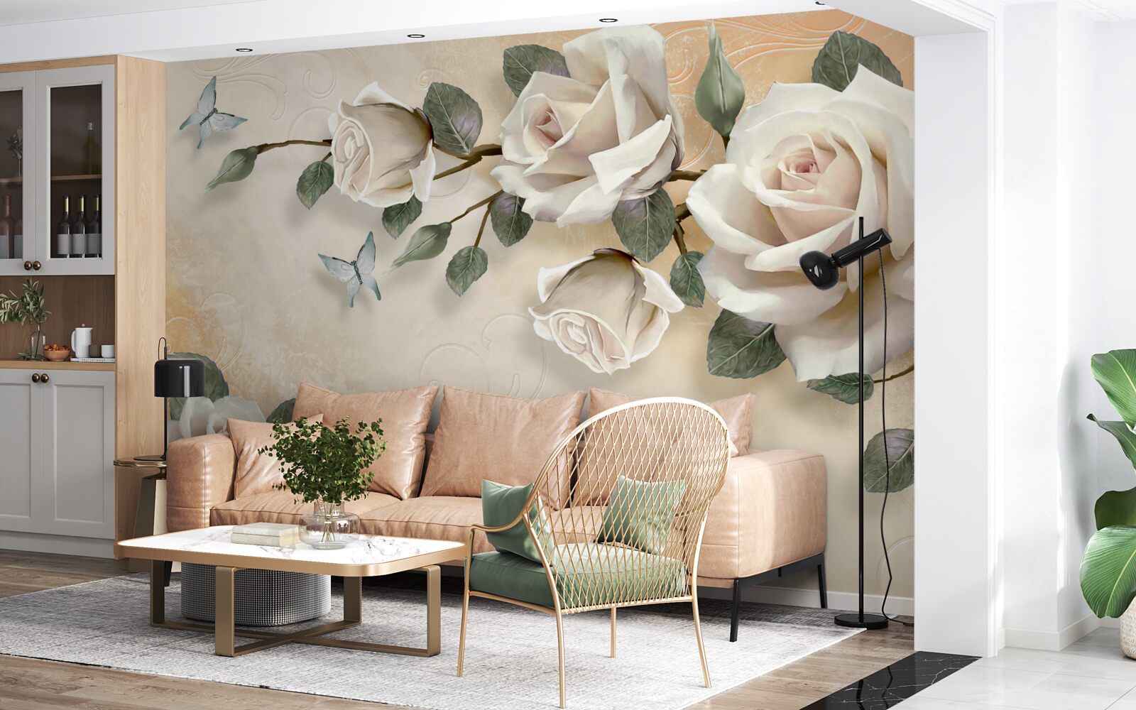 Fotobehang vlinders en een witte rozentak van een struik