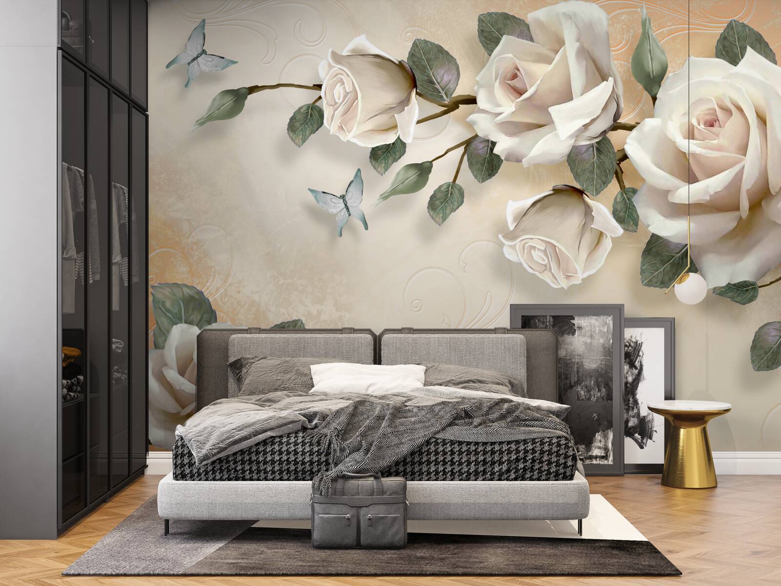 Fotobehang vlinders en een witte rozentak van een struik