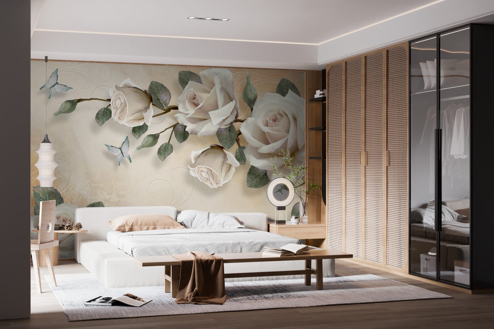 Fotobehang vlinders en een witte rozentak van een struik