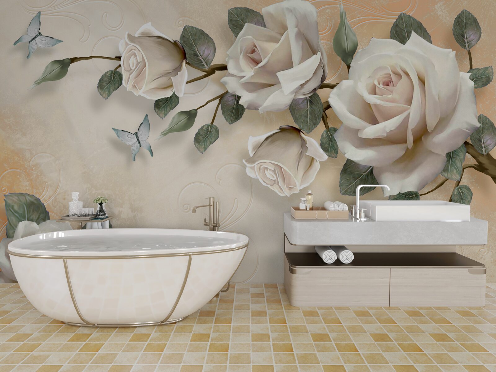 Fotobehang vlinders en een witte rozentak van een struik