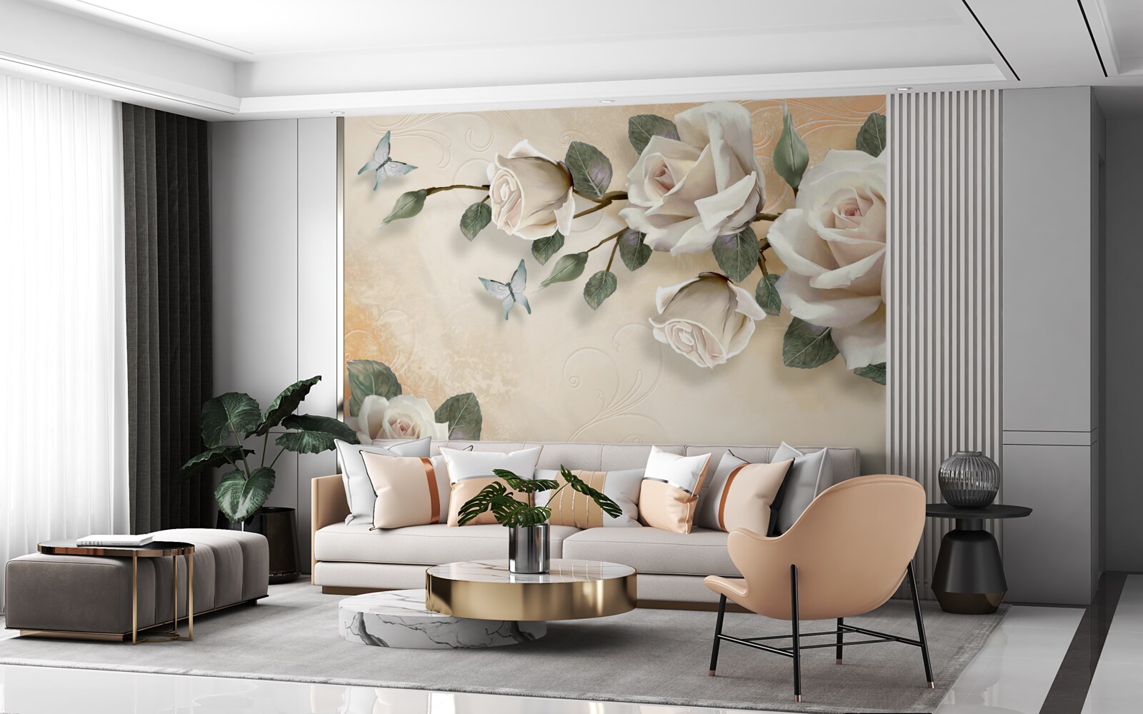 Fotobehang vlinders en een witte rozentak van een struik