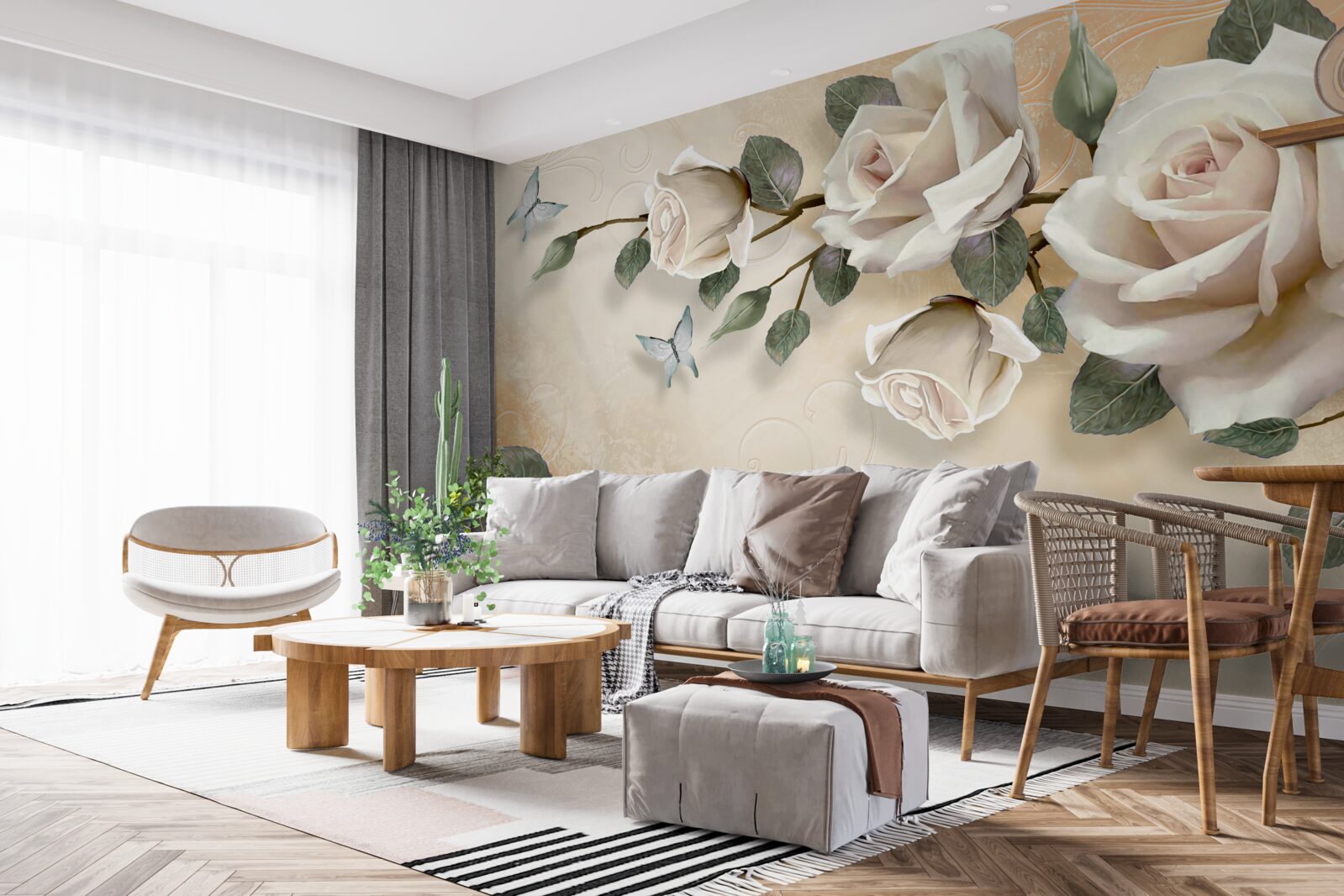 Fotobehang vlinders en een witte rozentak van een struik