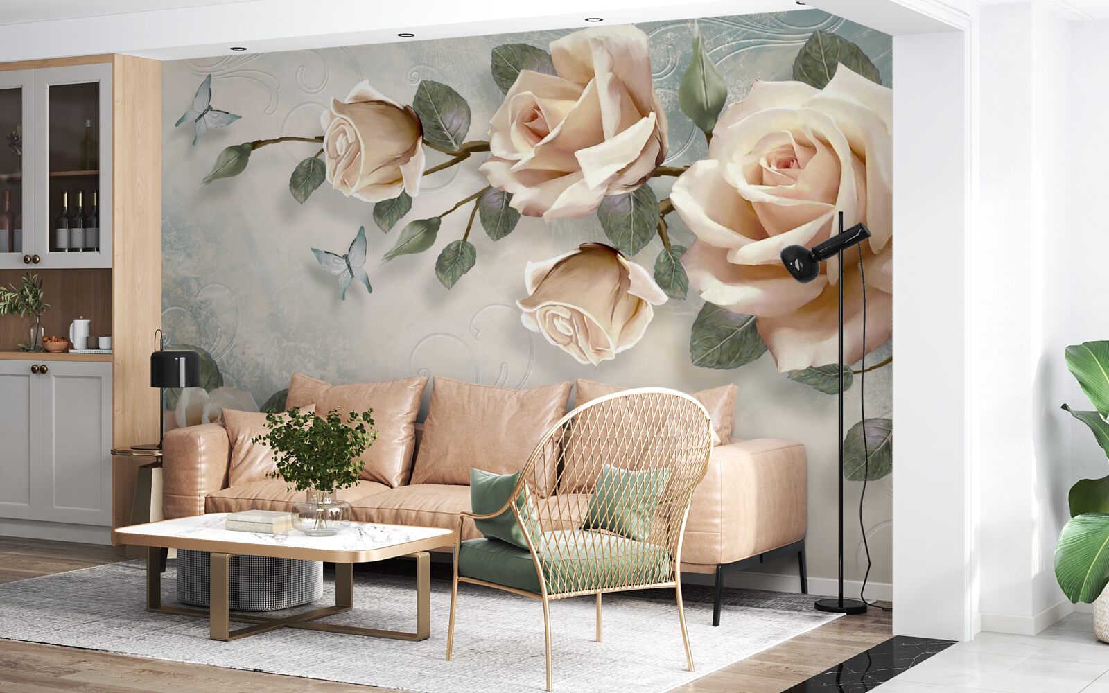 Fotobehang perzikroos en witte vlinders vliegen voorbij