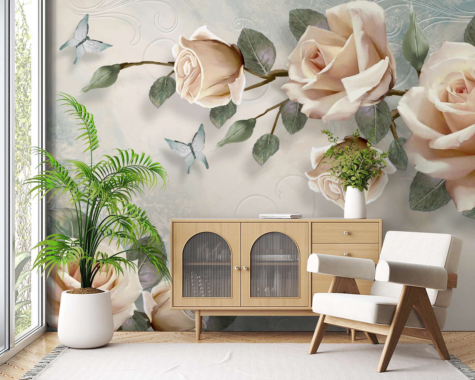 Fotobehang perzikroos en witte vlinders vliegen voorbij